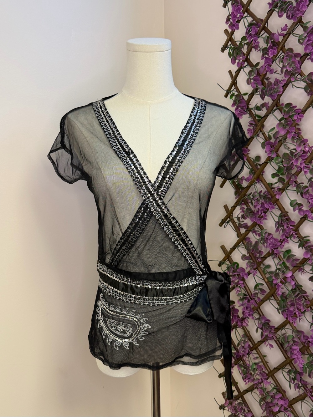 Y2K Black Sheer Wrap-Style Women's Top with Embroidered Trim